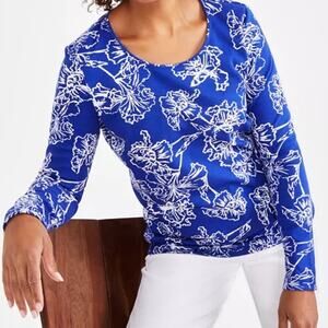 Style & Co Floral Tee Womens Size 2X Blue White Knit Long Sleeve Casual Top